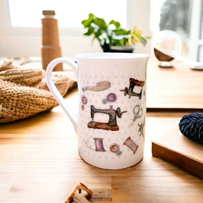 Set of 4 Bone China Mugs - Vintage Sewing